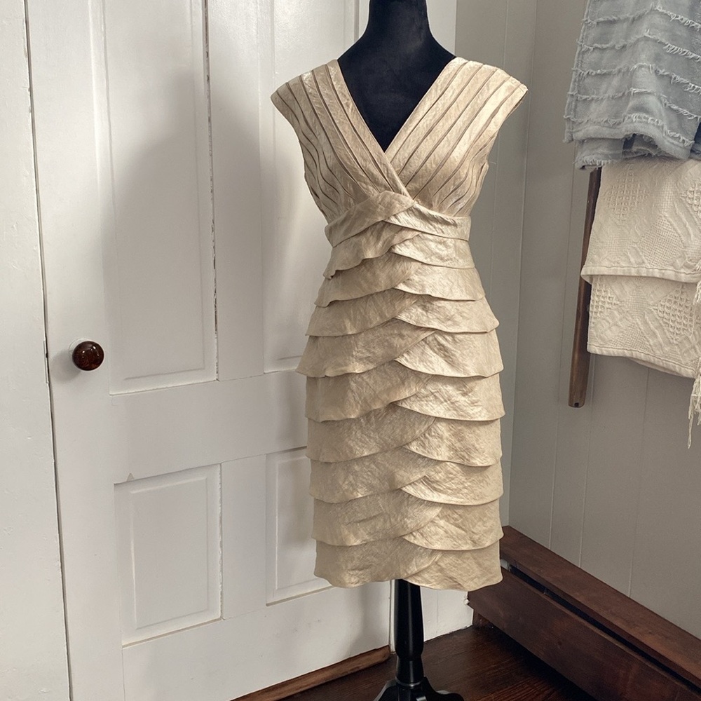 Adrianna Papell V neck Shimmery Sheath Dress with Ruffled Tiered Skirt